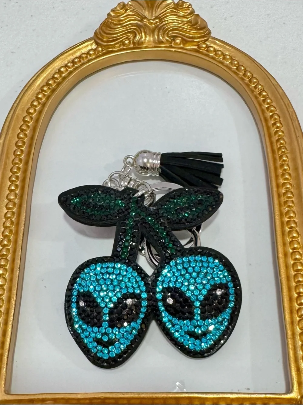 New Crystal Alien Cherries Keychain - Teal & Black